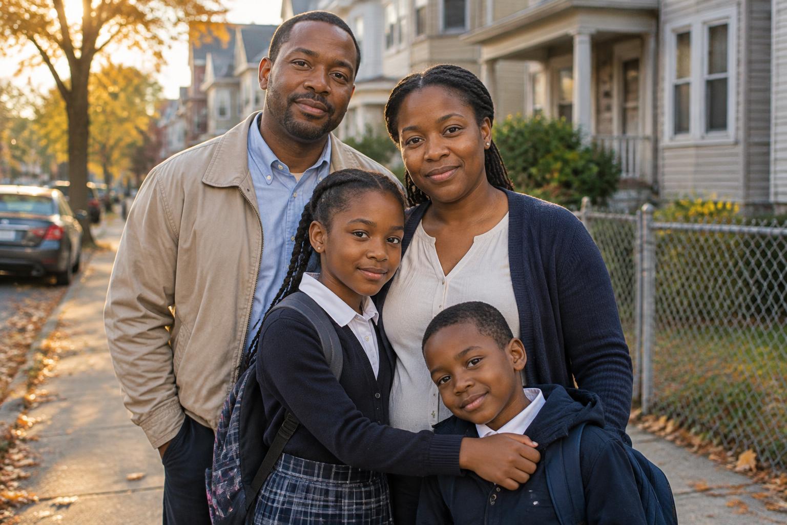 Yon fanmi ayisyen kanpe ansanm sou twotwa yon katye rezidansyèl nan Massachusetts, nan sezon otòn.